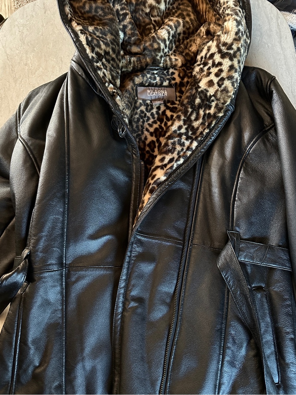 Wilsons Leather Black Leather Belted & hooded Coat with Leopard-Print Lining